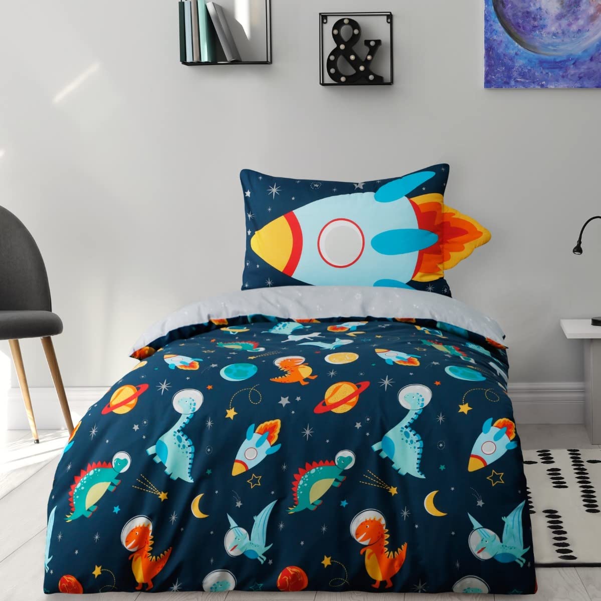 Dinospace Rocket Reversible Duvet Cover Pillowcase Set