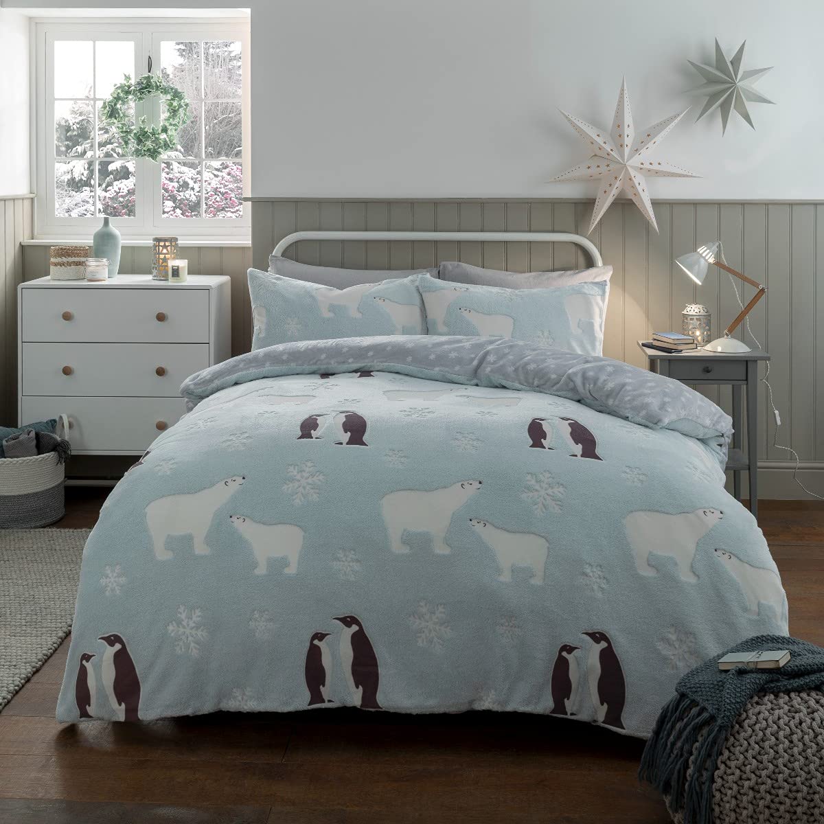 Sleepdown Penguin & Polar Bear Glow In The Dark Duck Egg Reversible Grey Fleece Thermal Warm Cosy Super Soft Duvet Cover Quilt Bedding Set with Pillow Case