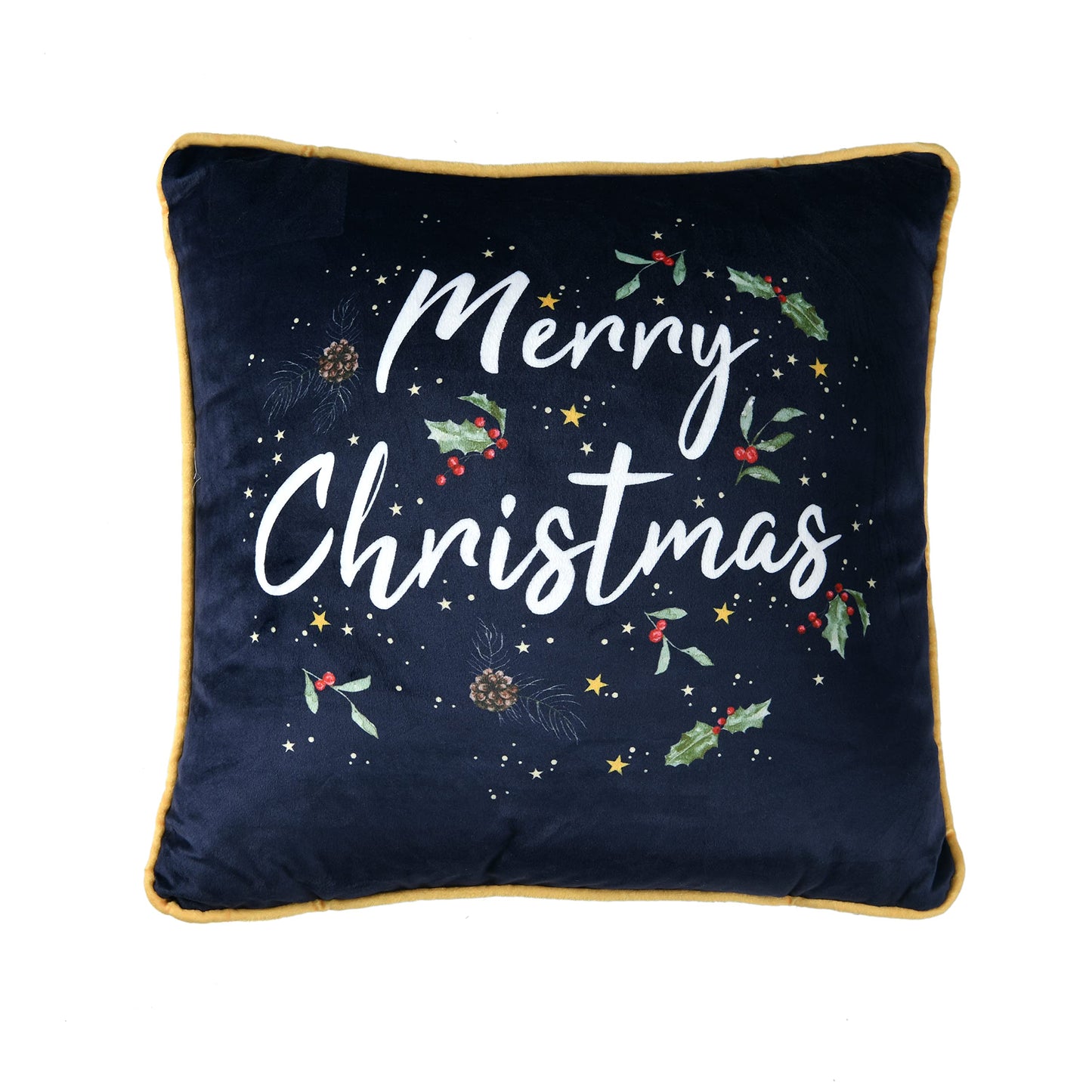 Sleepdown Merry Christmas Slogan Filled Velvet Cushion Soft Decorative Square Piped Edge Holly Cushion For Home Decor Sofa Bedroom