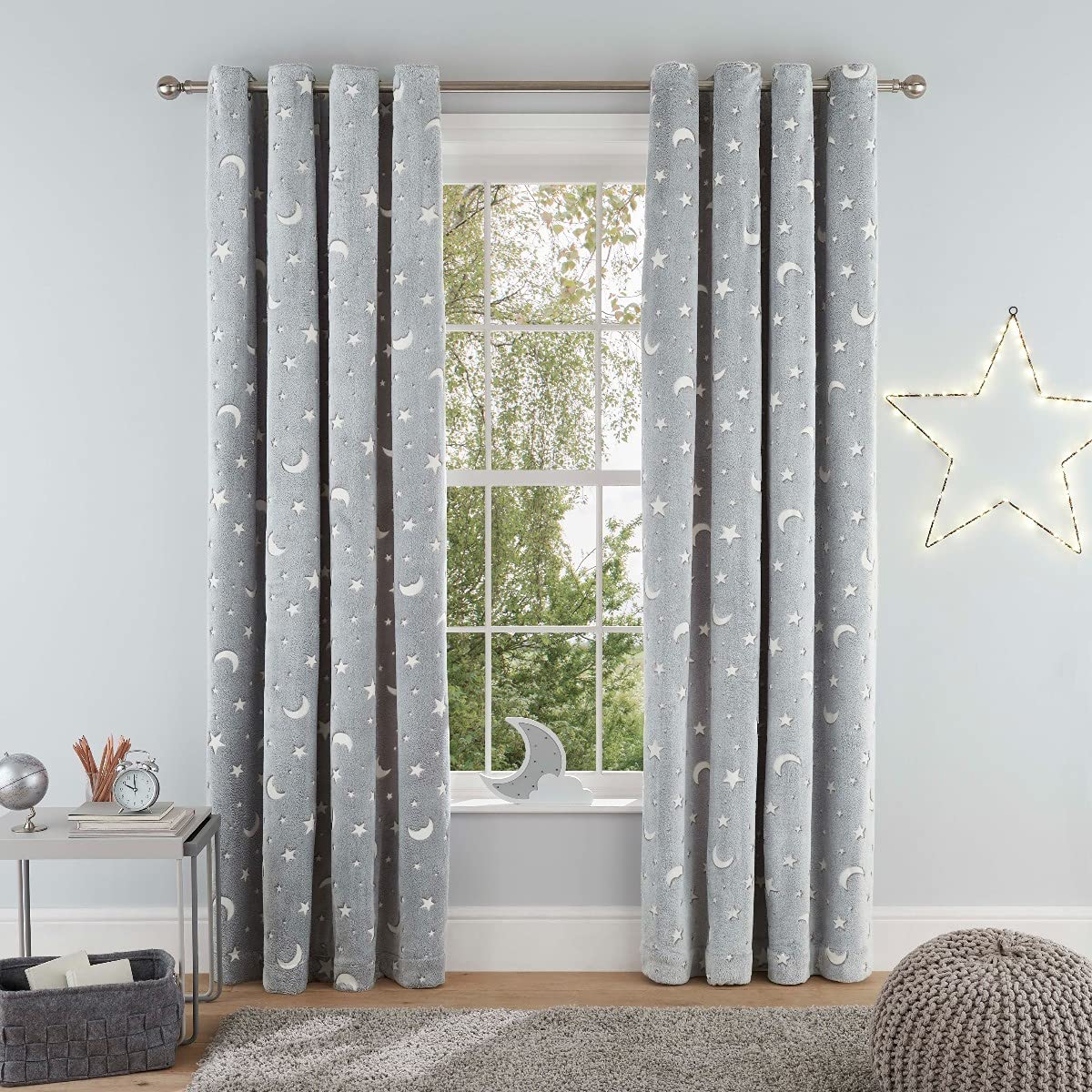 Moon and Stars Teddy Fleece - Glow in the Dark Eyelet Curtains