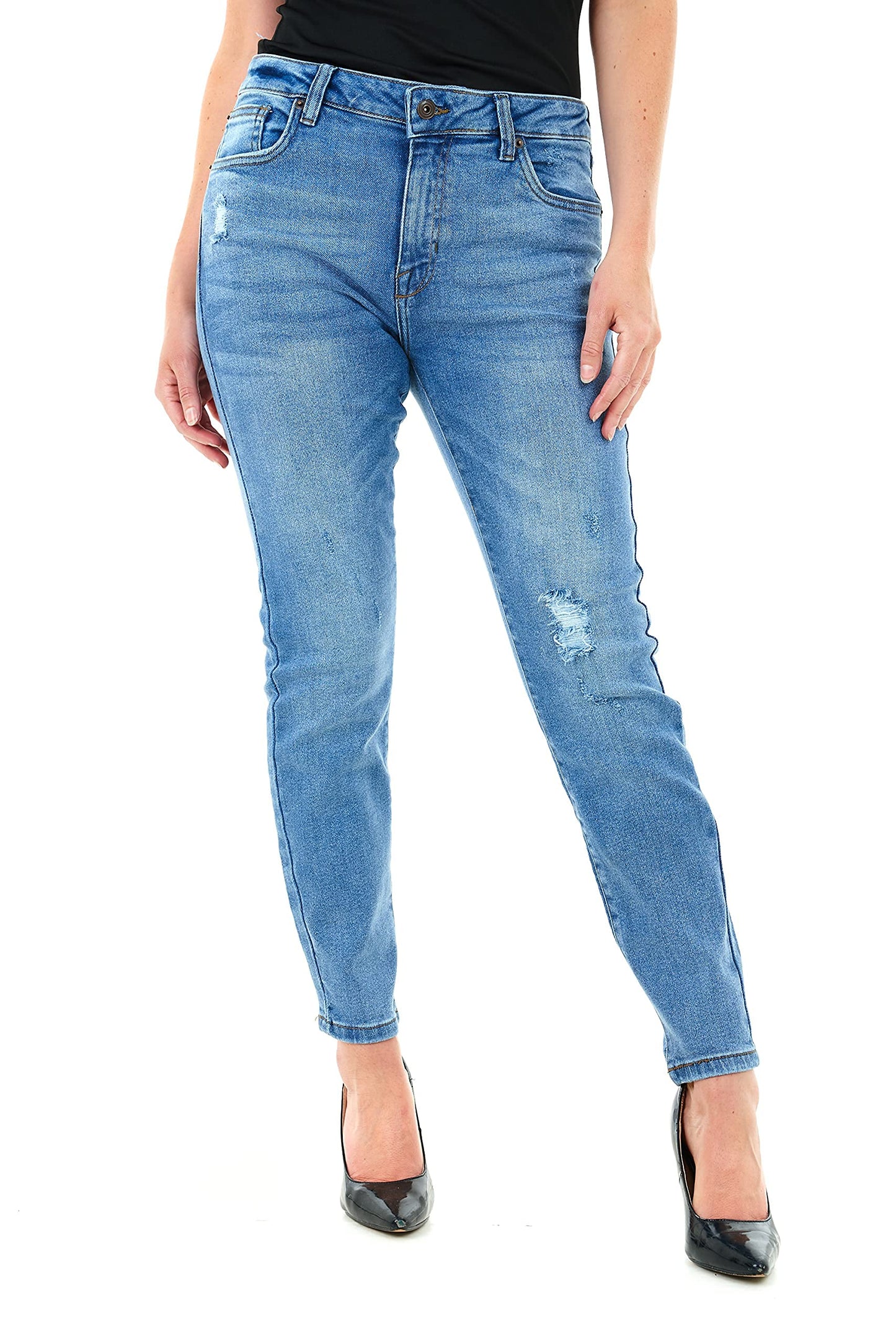 M17 Women’s Ladies Knee Ripped Denim Jeans Skinny Fit Classic Casual Cotton Stretchy Trousers Pants with Pockets