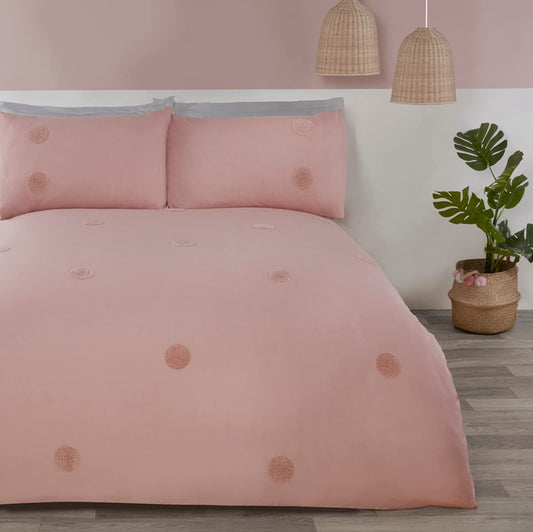 Sleepdown Embroidered Tufted Polka Dot Circles Luxury Soft Cosy Easy Care Duvet Cover Quilt Bedding Set with Pillowcases