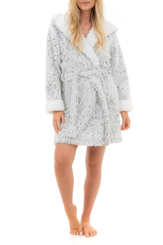 Sleepdown Womens Ladies Hooded Dressing Gown Textured Faux Fur Robe Flannel Fleece Reverse Loungewear Nightwear