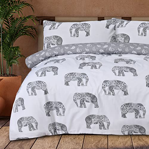 Elephant Paisley - Reversible Duvet Cover & Pillowcase Set - Grey
