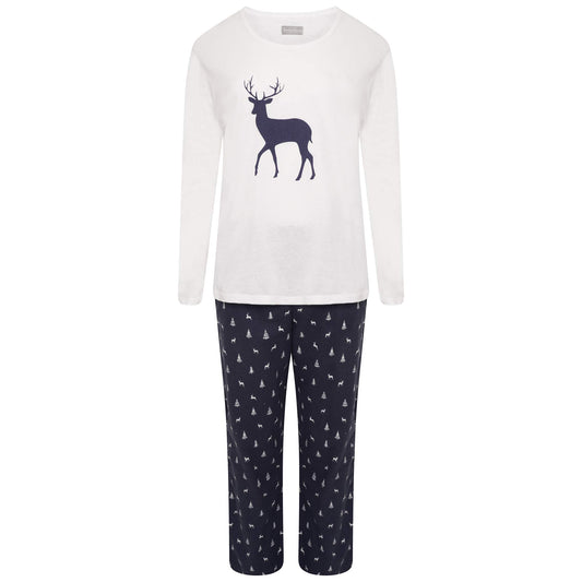 Sleepdown Women Ladies Pyjamas Set 100% Cotton Comfy Soft Warm Cosy Reindeer 2 Piece Loungewear Nightwear Long Sleeve Top & Bottoms PJ
