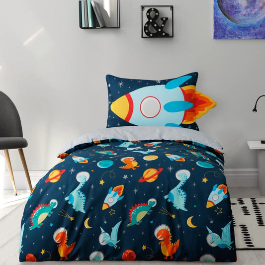 Dinospace Rocket - Reversible Duvet Cover & Pillowcase Set