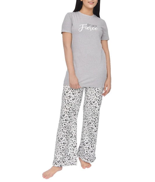 Sleepdown Womens Ladies Pyjamas Printed 2 Piece Short Sleeve T-Shirt & All Over Animal Print Wide Leg Pant Set Casual Loungewear Nightwear