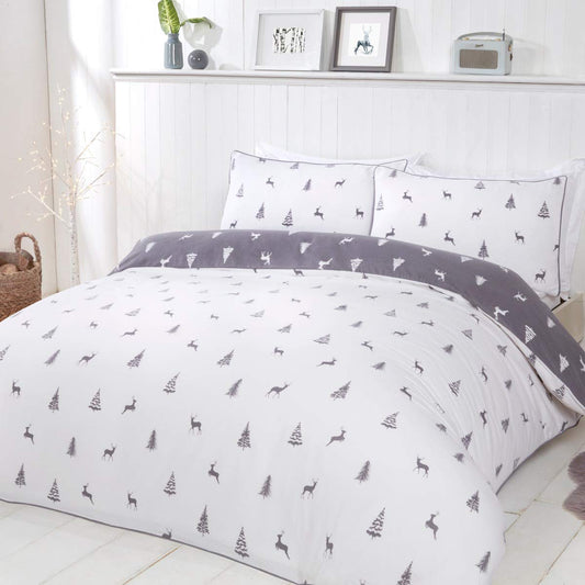 Sleepdown Stag & Trees Warm Cosy Easy Care Flannelette Brushed 100% Cotton Duvet Cover and Pillowcase Set