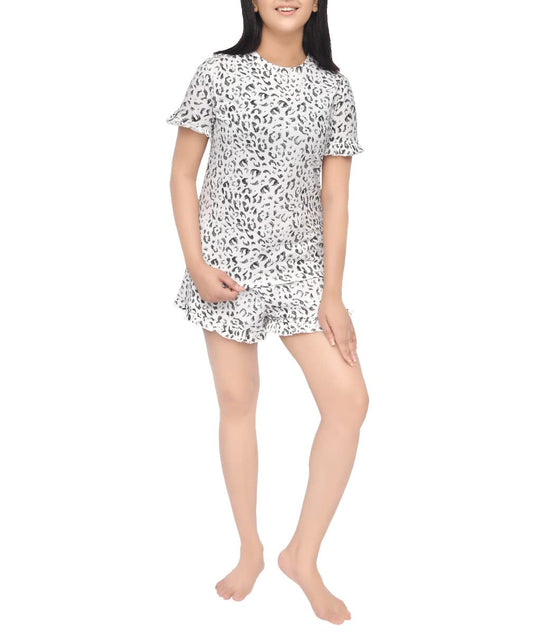 Sleepdown Womens Ladies Pyjamas Frill All Over Animal Print 2 Piece Short Sleeve T-Shirt & Short Set Casual Loungewear Nightwear