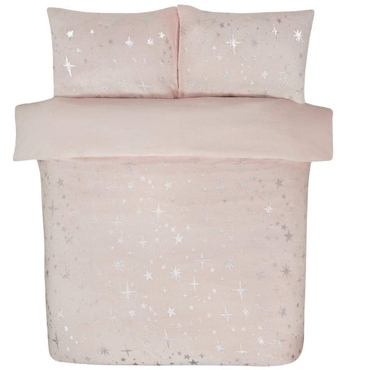 Sleepdown Scattered Stars Luxury Foil Fleece Plain Reverse Warm Soft Cosy Duvet Cover Quilt Bedding Set with Pillowcase