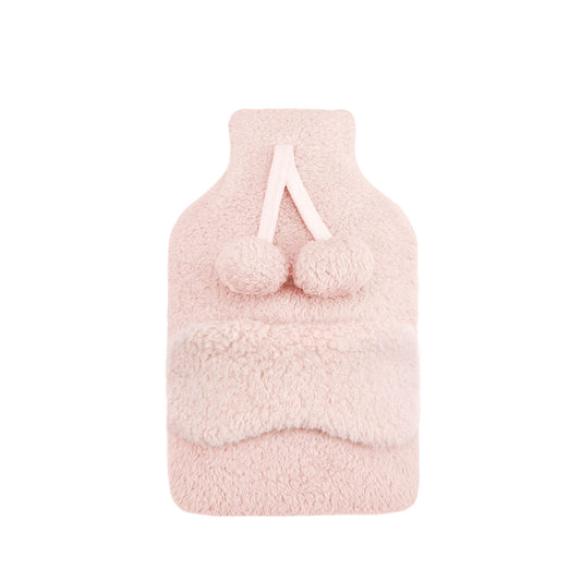Sleepdown Teddy Fleece Hot Water Bottle Bag Pom Pom and Eye Mask Set with Soft Cosy Fluffy Cover for Neck Back Pain Relief Large 2 Litre