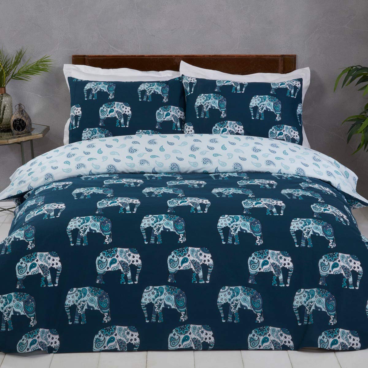 Elephant Paisley - Reversible Duvet Cover & Pillowcase Set - Blue