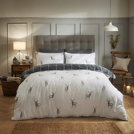 Sleepdown Stag Brushed Cotton Grid Reversible Piped Edged Thermal Warm Cosy Super Soft Duvet Cover Quilt Bedding Set with Pillow Cases - 200cm x