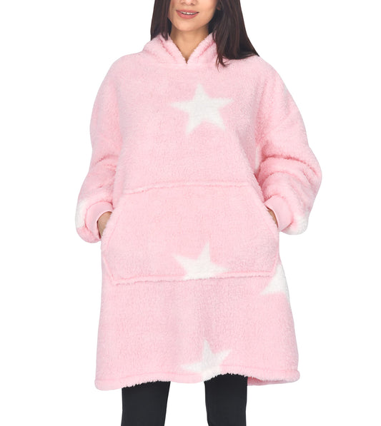 Sleepdown Womens Ladies Single Layer Borg Blanket Pink Star Warm Cosy Soft Hoodie Loungewear