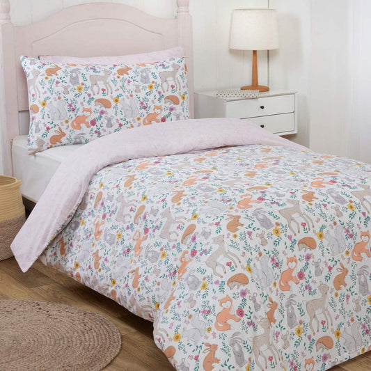 Sleepdown Enchanted Woodland Animals Multi Colour Floral Kids Children's Reversible Duvet Cover Bedding Set and Pillowcase - Twin Pack