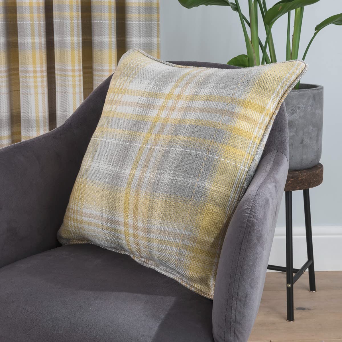 Yellow and store grey check cushions