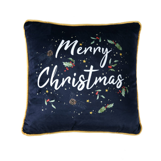 Sleepdown Merry Christmas Slogan Filled Velvet Cushion Soft Decorative Square Piped Edge Holly Cushion For Home Decor Sofa Bedroom