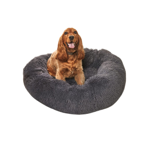 Sleepdown Shaggy Round Plush Dog Cat Calming Super Soft Doughnut Bed, Anti Slip Bottom, Machine Washable - Medium (60cm x 60cm x 20cm) - Charcoal Grey