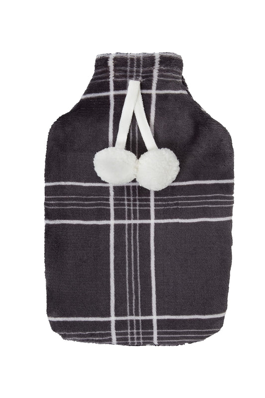 Sleepdown Printed Check Fleece with Hot Water Bottle with Pompom - 35 x 23cm
