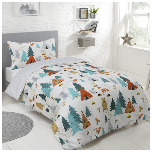 Sleepdown Kids Childrens Forest Friends Camping Woodland Animals Teddy Bears White Grey Check Reversible Soft Easy Care Duvet Cover Quilt Bedding Set with Pillowcase
