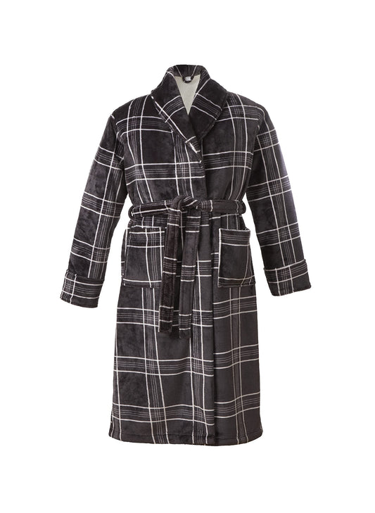 Sleepdown Mens Printed Check Fleece Dressing Gown Robe Sherpa Reverse