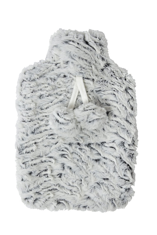 Sleepdown Textured Faux Fur Hot Water Bottle with Pompom - 35 x 23cm - Grey