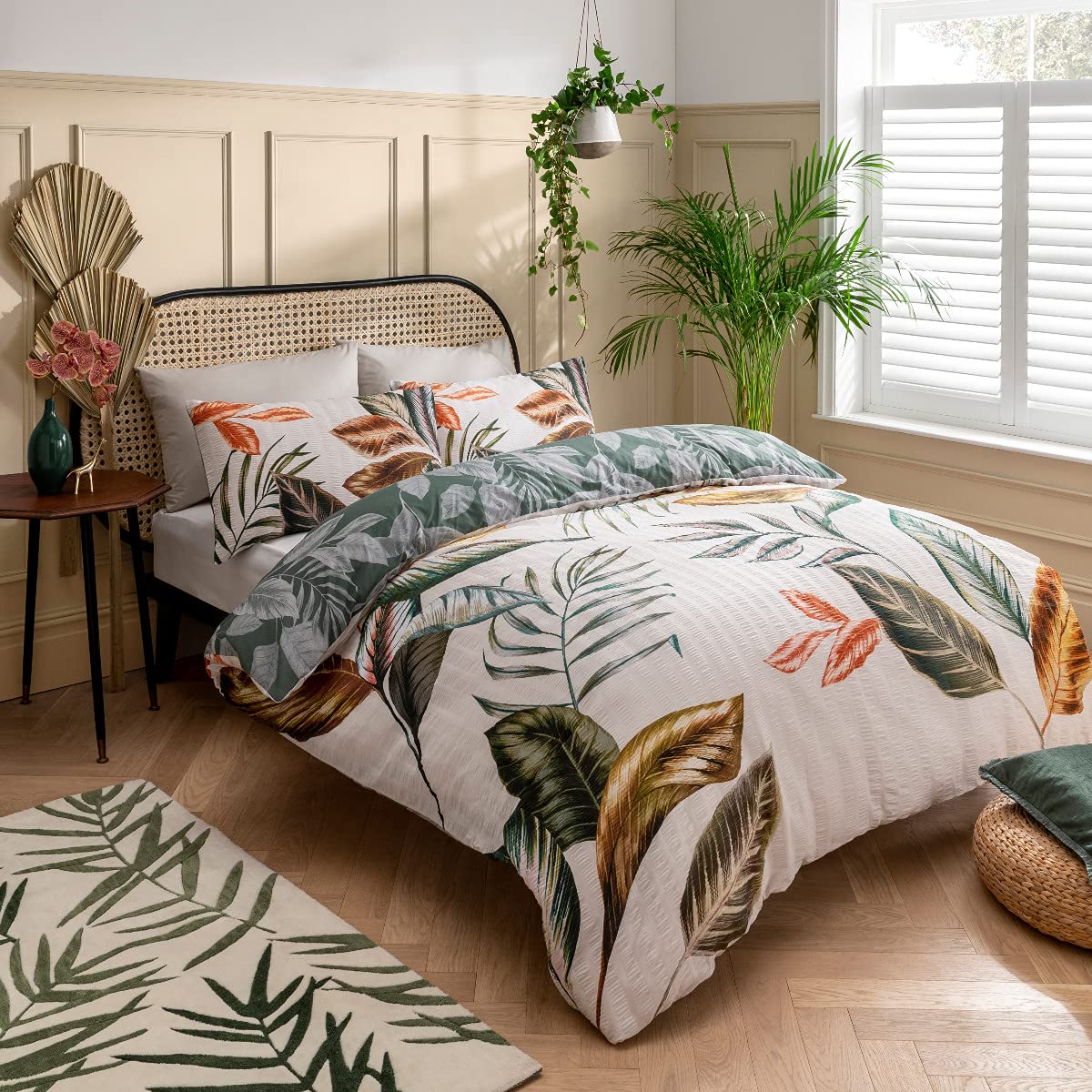 Seersucker Tropical Leaf - Reversible Duvet Cover & Pillowcase Set