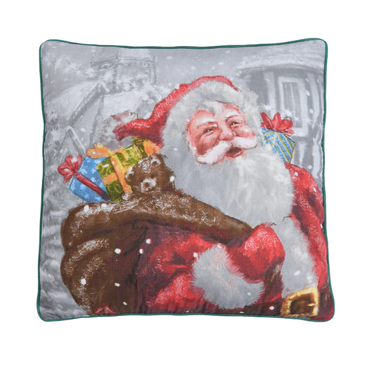 Sleepdown Illustrated Father Christmas Santa Present Filled Cushion Soft Decorative Square Piped Edge Cushion for Home Decor Sofa Bedroom