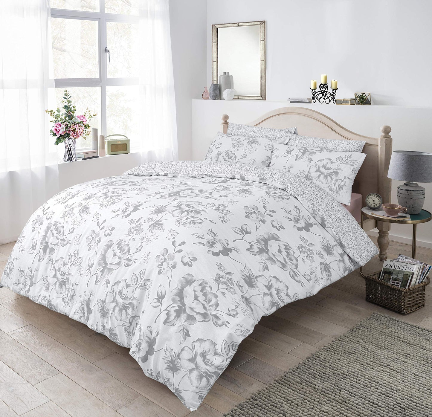 Monochrome Floral - Reversible Duvet Cover & Pillowcase Set